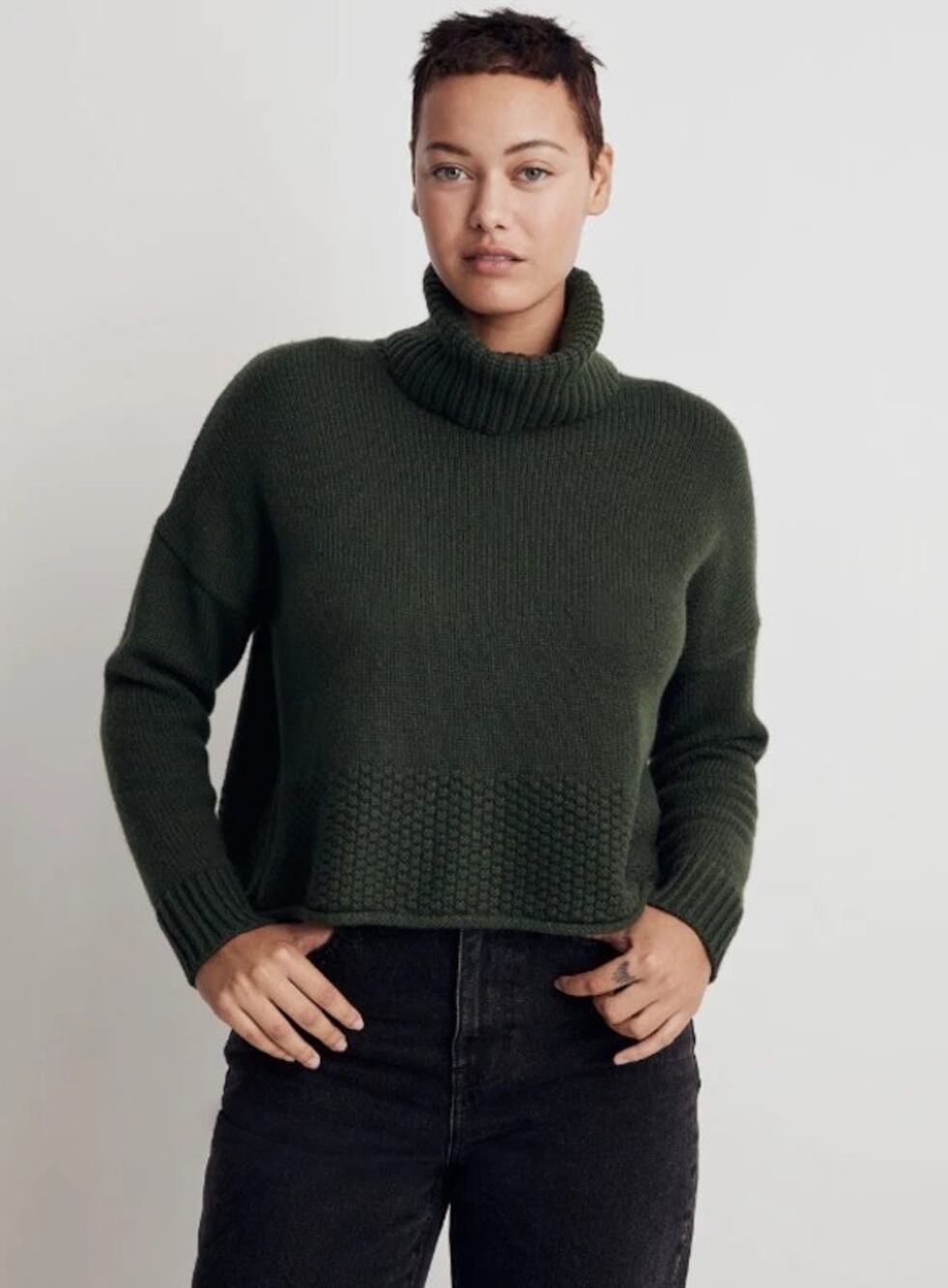 Madewell Sadler Turtleneck Sweater M Forest Green Merino Wool Blend Cropped
